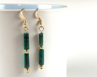 Green Malachite Gemstone Bead Earrings, Malachite Earrings, Malachite Jewelry, Malachite Bead Earrings, Malachite Dangle Earring