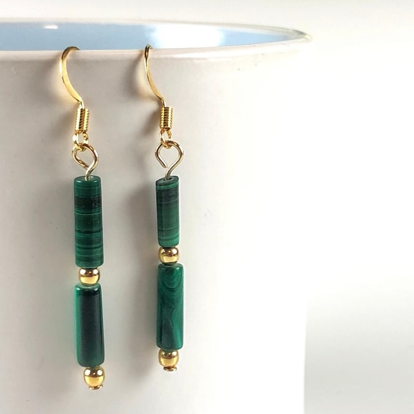 Green Malachite Gemstone Bead Earrings, Malachite Earrings, Malachite Jewelry, Malachite Bead Earrings, Malachite Dangle Earring