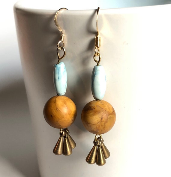 Jasper Bead Earrings, Blue and Tan Earrings, Boho-Chic Earrings, Sky and Desert, Dangle Earrings, Howlite Earrings