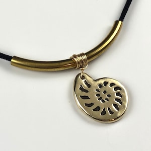 Black Cord Necklace, Adjustable Cord Necklace, Ocean Choker, Seashell Necklace, Leather Cord Choker, Brass Shell Necklace,