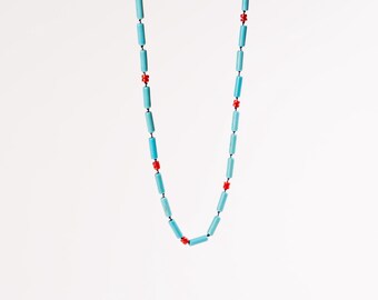 Collar de cuentas boho, collar de turquesa, collar de cuentas de turquesa, joyería de turquesa, collar de cuentas anudado a mano, collar de piedra azul y roja