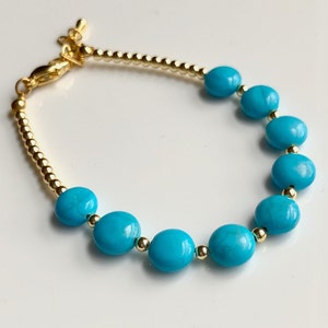 Turquoise Blue Bead Bracelet, Beaded Bracelet, Turquoise Bracelet, Blue and Gold Bead, Gemstone Bracelet, Round Bead Bracelet, Boho Bracelet