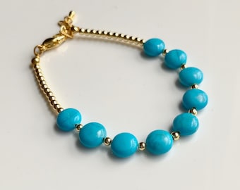 Turquoise Howlite Beaded Bracelet, Blue and Gold Boho Gemstone