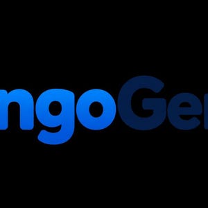 Könnte beinhalten: Ein Logo mit einem stilisierten blauen Buchstaben B, der ein Raster aus acht hellblauen Quadraten und einem zentralen roten Quadrat enthält, gefolgt vom Text BingoGenerator in fetter blauer serifenloser Schrift auf schwarzem Grund.