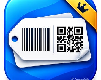 May include: A square blue app icon featuring a white rectangular tag with a black barcode and a black QR code. A yellow ribbon with a black crown icon extends from the top right corner. The text Programfinds is visible in the bottom right.