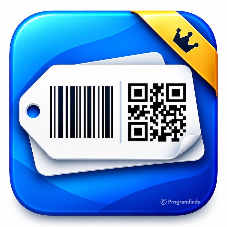 May include: A square blue app icon featuring a white rectangular tag with a black barcode and a black QR code. A yellow ribbon with a black crown icon extends from the top right corner. The text Programfinds is visible in the bottom right.
