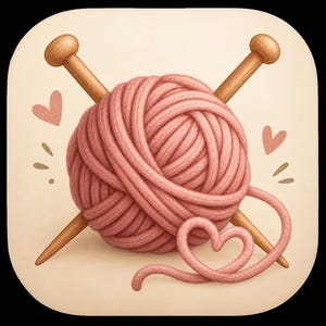Könnte beinhalten: Ein rundes Knäuel aus altrosa Garn, das zwischen zwei gekreuzten Stricknadeln aus Holz liegt. Ein loser Faden des rosa Garns bildet unten eine Herzform, ergänzt durch zwei kleine rosa Herzsymbole und dekorative braune Striche.