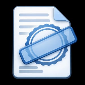 Könnte beinhalten: Ein digitales Symbol, das ein Dokument mit einer gefalteten oberen Ecke darstellt, mit einem blauen kreisförmigen Siegel mit gewelltem Rand und einem leeren blauen rechteckigen Balken, der diagonal über die Mitte des Dokuments gelegt ist.