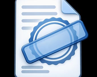 May include: A digital icon representing a document with a folded top corner, featuring a blue circular seal with a scalloped edge and a blank blue rectangular bar overlaid diagonally across the center of the document.