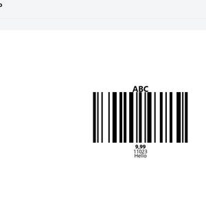 May include: A software interface titled Barcode & QR Label Generator Pro displaying a preview of a barcode with the text ABC above it and the numbers 9.99, 11023, and the word Hello printed below the vertical black and white bars.