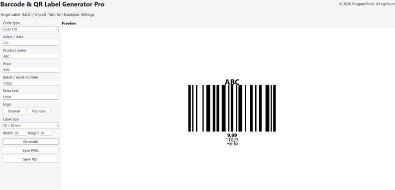 May include: A software interface titled Barcode & QR Label Generator Pro displaying a preview of a barcode with the text ABC above it and the numbers 9.99, 11023, and the word Hello printed below the vertical black and white bars.