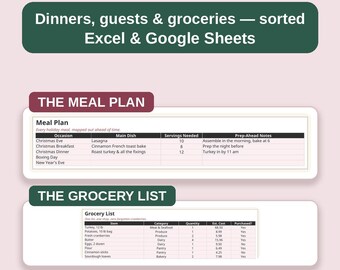 May include: A digital holiday meal planner template by DIMEDAME featuring sections for a meal plan and grocery list. The document includes tables for occasions, main dishes, servings, prep notes, categories, quantities, costs, and purchase status.
