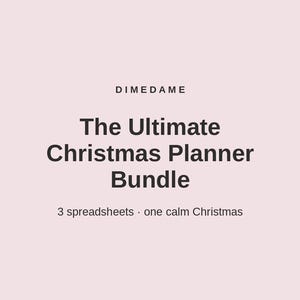 Op de afbeelding: Een digitaal plannerpakket op een lichtroze achtergrond met de tekst DIMEDAME, The Ultimate Christmas Planner Bundle, en 3 spreadsheets · one calm Christmas. De lay-out is gecentreerd met donkergrijze schreefloze typografie.