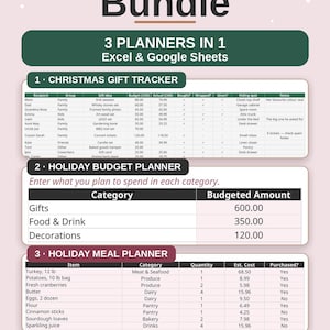 May include: A digital Christmas Planner Bundle featuring three sections: a Christmas Gift Tracker, a Holiday Budget Planner, and a Holiday Meal Planner for Excel and Google Sheets. Includes a cartoon character wearing a Santa hat.
