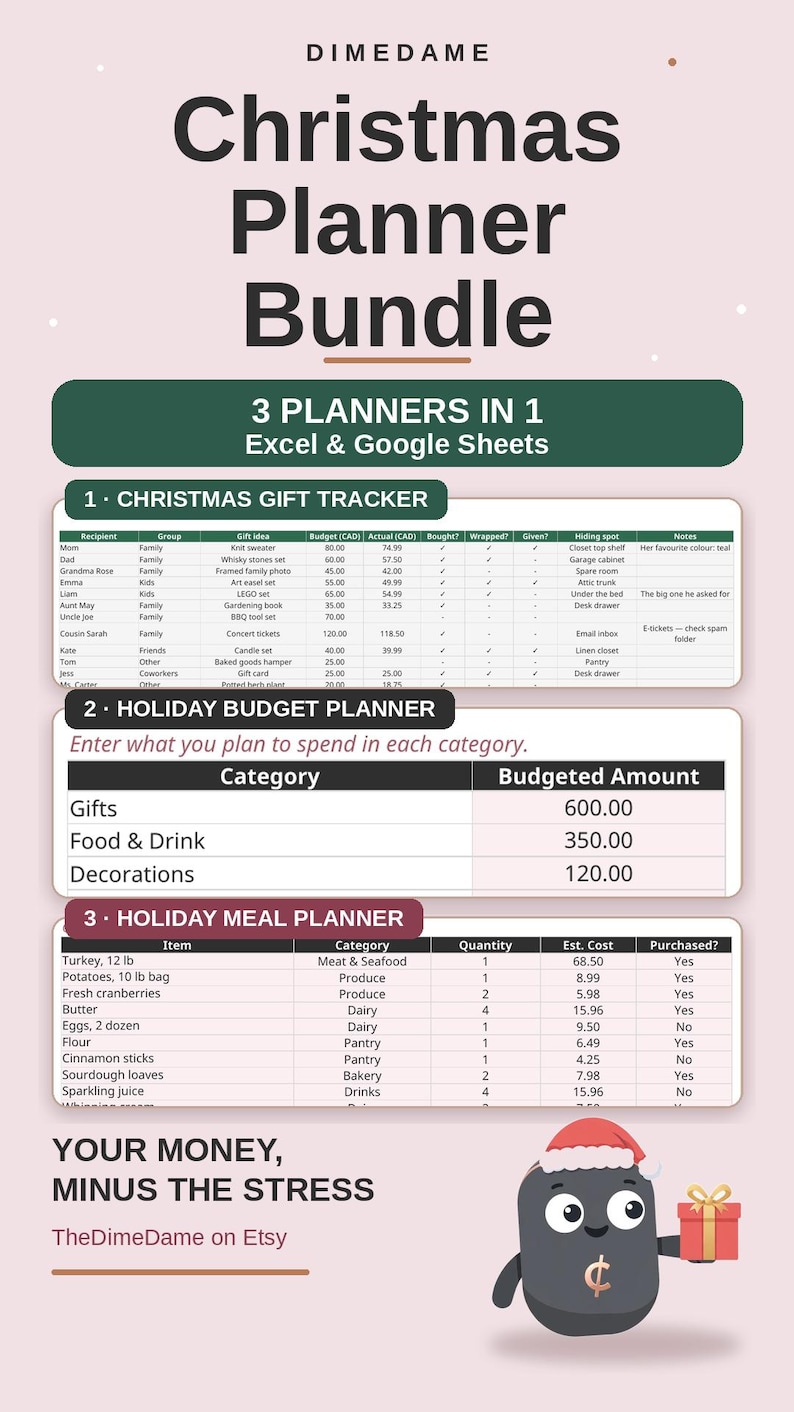 May include: A digital Christmas Planner Bundle featuring three sections: a Christmas Gift Tracker, a Holiday Budget Planner, and a Holiday Meal Planner for Excel and Google Sheets. Includes a cartoon character wearing a Santa hat.