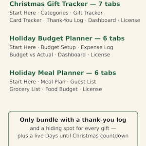 May include: A digital spreadsheet bundle by DIMEDAME titled What's Inside, featuring 3 spreadsheets and 19 tabs. Includes a Christmas Gift Tracker, Holiday Budget Planner, and Holiday Meal Planner with specific tab breakdowns and a countdown feature.
