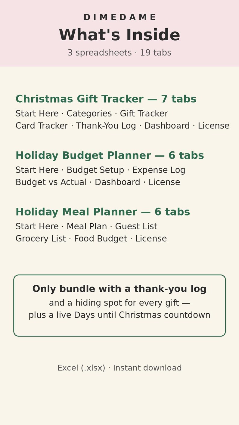 May include: A digital spreadsheet bundle by DIMEDAME titled What's Inside, featuring 3 spreadsheets and 19 tabs. Includes a Christmas Gift Tracker, Holiday Budget Planner, and Holiday Meal Planner with specific tab breakdowns and a countdown feature.