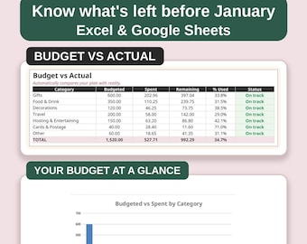 May include: A digital holiday budget planner template for Excel and Google Sheets by DIME DAME. The document features a Budget vs Actual table and a bar chart comparing budgeted versus spent amounts across various holiday spending categories.