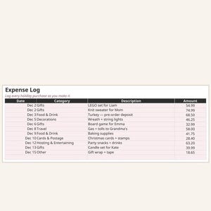 May include: A Holiday Budget Planner expense log sheet with a header titled Holiday Budget Planner and Expense Log &mdash; track as you go. The table includes columns for Date, Category, Description, and Amount, listing various holiday expenses.