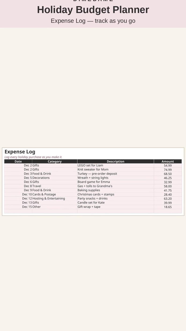 May include: A Holiday Budget Planner expense log sheet with a header titled Holiday Budget Planner and Expense Log &mdash; track as you go. The table includes columns for Date, Category, Description, and Amount, listing various holiday expenses.