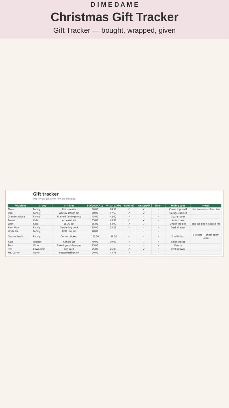 May include: A digital Christmas Gift Tracker spreadsheet template by DIMEDAME. The document features a table with columns for Recipient, Group, Gift Idea, Budget (CAD), Actual (CAD), Bought, Wrapped, Given, Hiding spot, and Notes.
