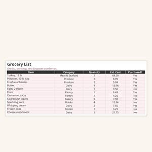 May include: A digital Holiday Meal Planner by DIMEDAME featuring a grocery list table with columns for item, category, quantity, estimated cost, and purchase status. The list includes turkey, potatoes, cranberries, butter, eggs, flour, and more.