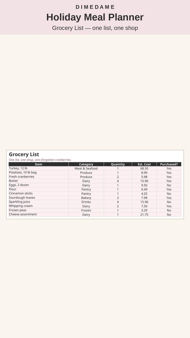 May include: A digital Holiday Meal Planner by DIMEDAME featuring a grocery list table with columns for item, category, quantity, estimated cost, and purchase status. The list includes turkey, potatoes, cranberries, butter, eggs, flour, and more.