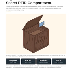 Op de afbeelding: Een houtbewerkingsplan voor een nachtkastje van donker walnoothout met een geheim RFID-compartiment. Het document bevat tekst, een tekening van het nachtkastje met een opengeklapt deksel en RFID-kaart, en afmetingen: 35 cm breed, 40 cm diep, 49 cm hoog.