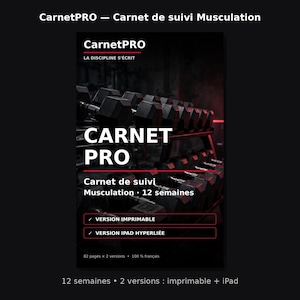 Könnte beinhalten: Ein schwarzes Trainings-Logbuch mit dem Titel CarnetPRO, das den Text LA DISCIPLINE S'ÉCRIT, Carnet de suivi Musculation, 12 semaines, VERSION IMPRIMABLE, VERSION IPAD HYPERLIÉE sowie 82 pages x 2 versions 100% français und Hanteln zeigt.