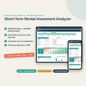 Puede incluir: Una plantilla de hoja de cálculo digital titulada Short-Term Rental Investment Analyzer para Excel y Google Sheets. La interfaz muestra métricas financieras, proyecciones de flujo de caja y gráficos comparativos en pantalla.
