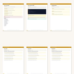 K&ouml;nnte beinhalten: Eine sechsseitige Vorschau des JavaScript for Kids Beginner Guide mit Bildungsinhalten, Programmierlektionen und &Uuml;bungen. Jede Seite enth&auml;lt eine senfgelbe Kopfzeile, klaren Anleitungstext und strukturierte Aufgabenstellungen.