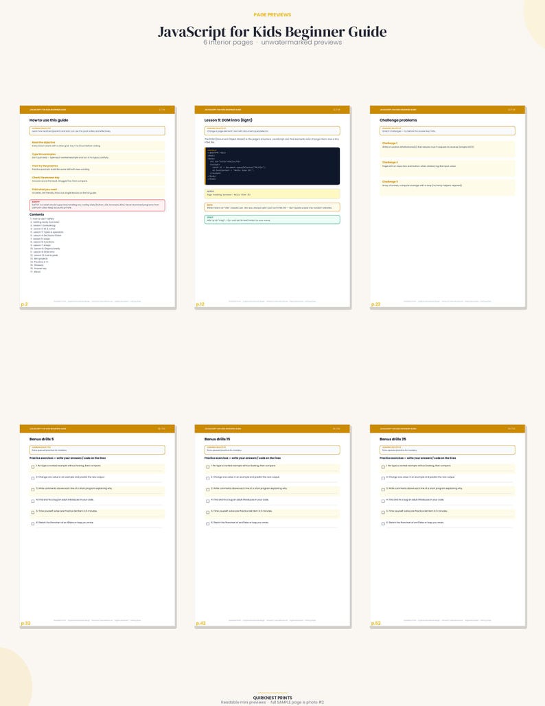 K&ouml;nnte beinhalten: Eine sechsseitige Vorschau des JavaScript for Kids Beginner Guide mit Bildungsinhalten, Programmierlektionen und &Uuml;bungen. Jede Seite enth&auml;lt eine senfgelbe Kopfzeile, klaren Anleitungstext und strukturierte Aufgabenstellungen.