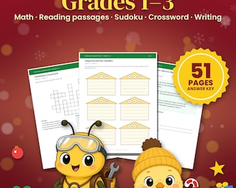 Pacote de Atividades de Natal para o 1º, 2º e 3º ano do Ensino Fundamental, 51 Páginas, Matemática, Textos de Leitura, Sudoku, Palavras Cruzadas, Escrita, Gabarito, Imprimível
