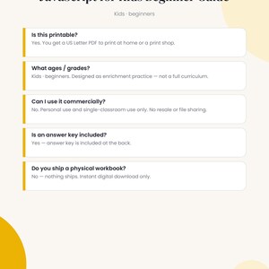K&ouml;nnte beinhalten: Ein digitales FAQ- und Lizenzdokument mit dem Titel JavaScript for Kids Beginner Guide. Es enth&auml;lt Abschnitte zu Druck, Alterseignung, kommerzieller Nutzung, L&ouml;sungsschl&uuml;sseln und Versand, mit dem Text QuirkNest Prints, digital download.