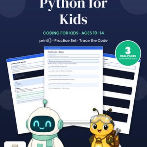 Python for Kids Coding Worksheet Sample, 5 Page Printable, Beginner Python Lesson, Practice Problems, Answers, Coding for Kids PDF