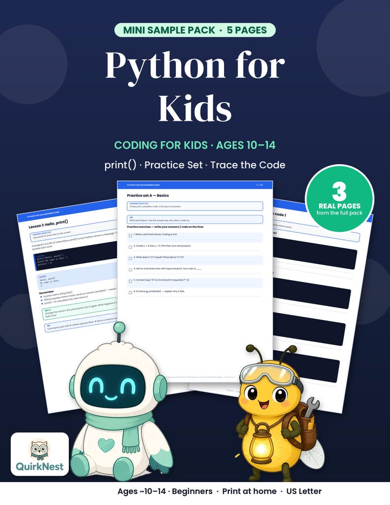 Exempel på kodningsarbetsblad i Python för barn, utskrivbart på 5 sidor, lektion i Python för nybörjare, övningsproblem, svar, PDF-kodning för barn bild 1