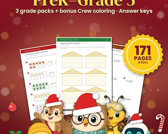 Pacote de Atividades de Natal para Educação Infantil ao 5º Ano, 171 Páginas, Matemática, Fonética, Leitura, Quebra-cabeças, Desenhos para Colorir, Gabaritos, Material para Educação Domiciliar