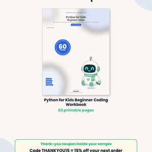 Exempel på kodningsarbetsblad i Python för barn, utskrivbart på 5 sidor, lektion i Python för nybörjare, övningsproblem, svar, PDF-kodning för barn bild 7