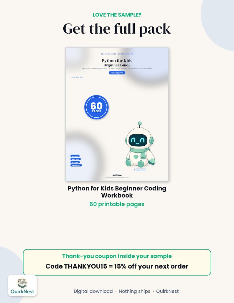 Exempel på kodningsarbetsblad i Python för barn, utskrivbart på 5 sidor, lektion i Python för nybörjare, övningsproblem, svar, PDF-kodning för barn bild 7