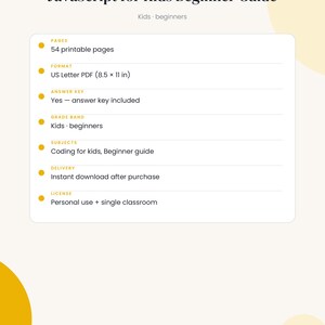 K&ouml;nnte beinhalten: Ein digitales JavaScript f&uuml;r Kinder Anf&auml;ngerhandbuch mit 54 druckbaren Seiten im US Letter PDF-Format von 21,59 x 27,94 cm. Enth&auml;lt einen L&ouml;sungsschl&uuml;ssel, Programmierunterricht f&uuml;r Kinder und eine Lizenz f&uuml;r den pers&ouml;nlichen Gebrauch.