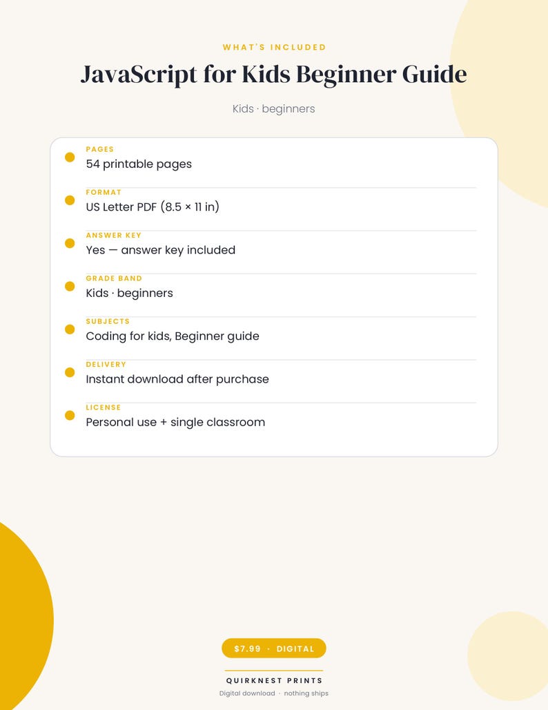 K&ouml;nnte beinhalten: Ein digitales JavaScript f&uuml;r Kinder Anf&auml;ngerhandbuch mit 54 druckbaren Seiten im US Letter PDF-Format von 21,59 x 27,94 cm. Enth&auml;lt einen L&ouml;sungsschl&uuml;ssel, Programmierunterricht f&uuml;r Kinder und eine Lizenz f&uuml;r den pers&ouml;nlichen Gebrauch.