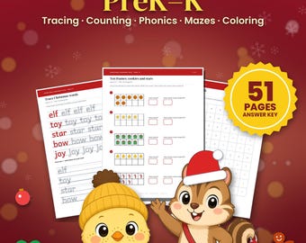 Folhas de atividades de Natal para pré-escola, 51 páginas, pré-escola e jardim de infância: traçado, contagem, fonética, molduras de dez, gabarito, pacote para imprimir