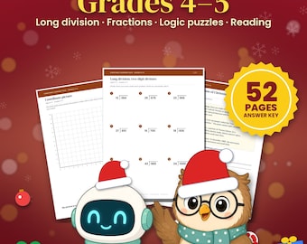 Folhas de Atividades de Natal para o 4º e 5º Ano, 52 Páginas, Divisão Longa, Frações, Textos para Leitura, Quebra-cabeças Lógicos, Gabarito, Pacote para Imprimir