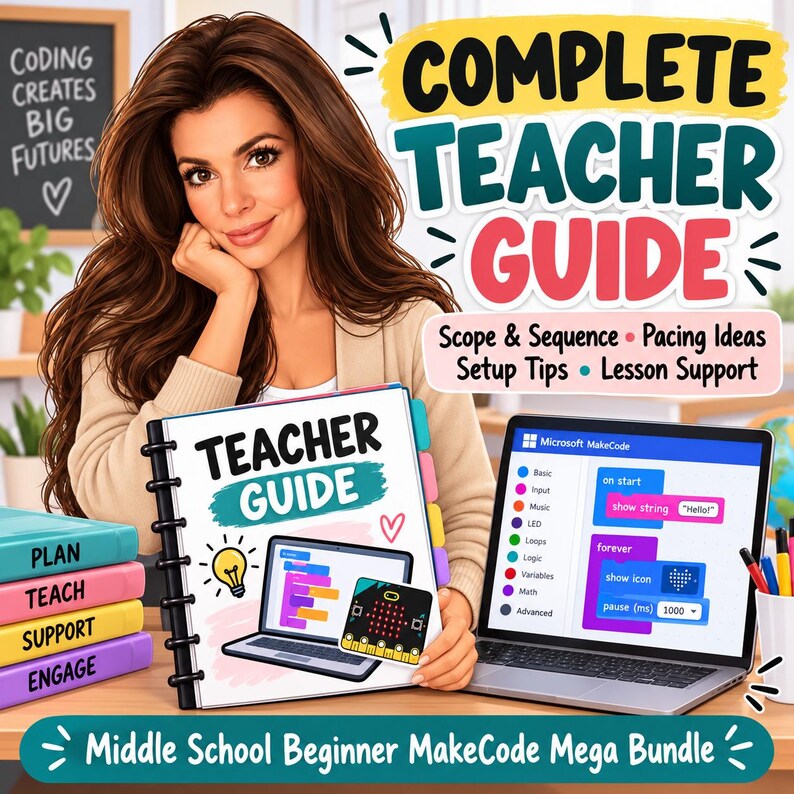 以下が含まれることがあります： Middle School Beginner MakeCode Mega Bundleの教師用ガイド。ノートパソコンとmicro:bitのグラフィックが描かれたバインダー、Microsoft MakeCodeを表示したノートパソコン、Plan、Teach、Support、Engageとラベル付けされたカラフルな本のセット。