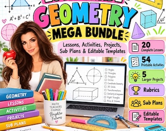Puede incluir: Un conjunto de recursos educativos 10th Grade Geometry Mega Bundle que incluye una computadora portátil con diagramas matemáticos, libros etiquetados, un portalápices con el texto Math Teachers Change Brighter Futures y herramientas geométricas.