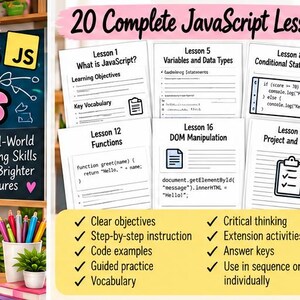 Puede incluir: Un conjunto de 20 lecciones completas de JavaScript con p&aacute;ginas impresas sobre temas como variables, tipos de datos, funciones y manipulaci&oacute;n del DOM. Las p&aacute;ginas incluyen fragmentos de c&oacute;digo, objetivos de aprendizaje y vocabulario.