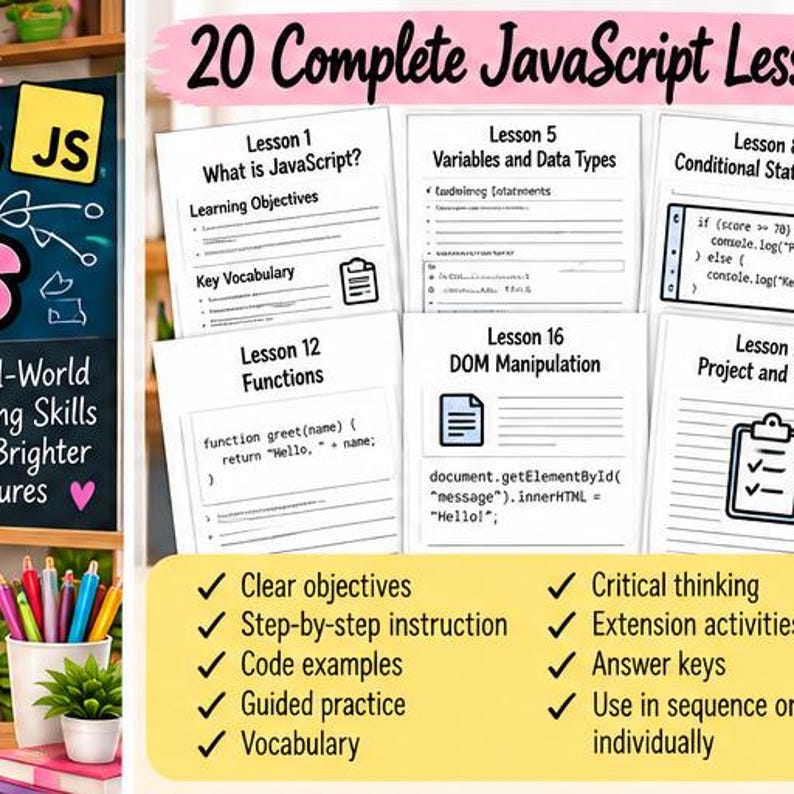 Puede incluir: Un conjunto de 20 lecciones completas de JavaScript con p&aacute;ginas impresas sobre temas como variables, tipos de datos, funciones y manipulaci&oacute;n del DOM. Las p&aacute;ginas incluyen fragmentos de c&oacute;digo, objetivos de aprendizaje y vocabulario.
