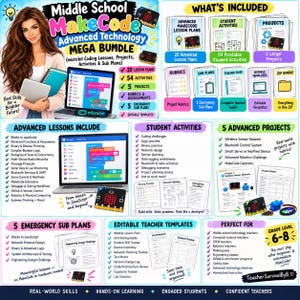 K&ouml;nnte beinhalten: Ein Middle School MakeCode Advanced Technology Mega Bundle Bildungsressourcen-Set mit Unterrichtspl&auml;nen, Sch&uuml;leraktivit&auml;ten, Projekten, Rubriken, Vertretungspl&auml;nen und Lehrervorlagen f&uuml;r micro:bit-Programmierung, dargestellt mit Text und Grafiken.