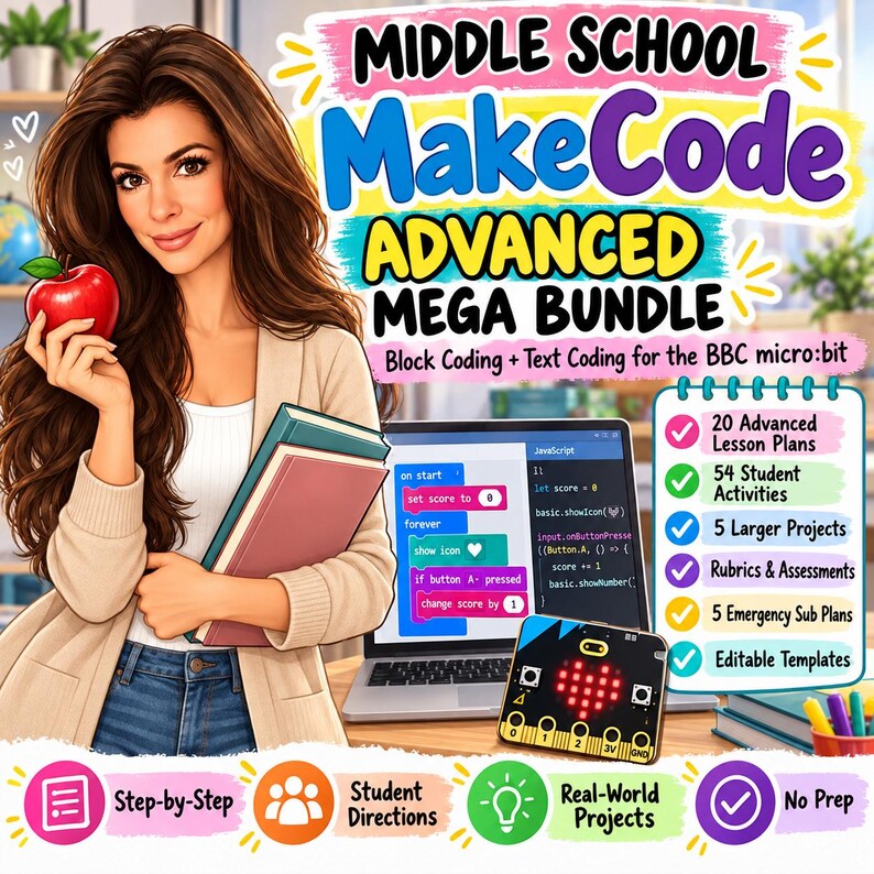 K&ouml;nnte beinhalten: Eine digitale Bildungsressource mit dem Titel Middle School MakeCode Advanced Mega Bundle f&uuml;r BBC micro:bit, mit einer Person, die einen roten Apfel und B&uuml;cher h&auml;lt, einem Laptop mit Code-Bl&ouml;cken und 20 Unterrichtspl&auml;nen.