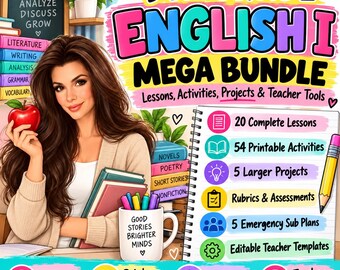 Puede incluir: Un gráfico digital para un 9th Grade English I Mega Bundle con una mujer sosteniendo una manzana roja y libros. El texto incluye: Read Write Analyze Discuss Grow, 20 Complete Lessons, 54 Printable Activities, 5 Larger Projects, Rubrics & Assessments, 5 Emergency Sub Plans, Editable Teacher Templates y Good Stories Brighter Minds.
